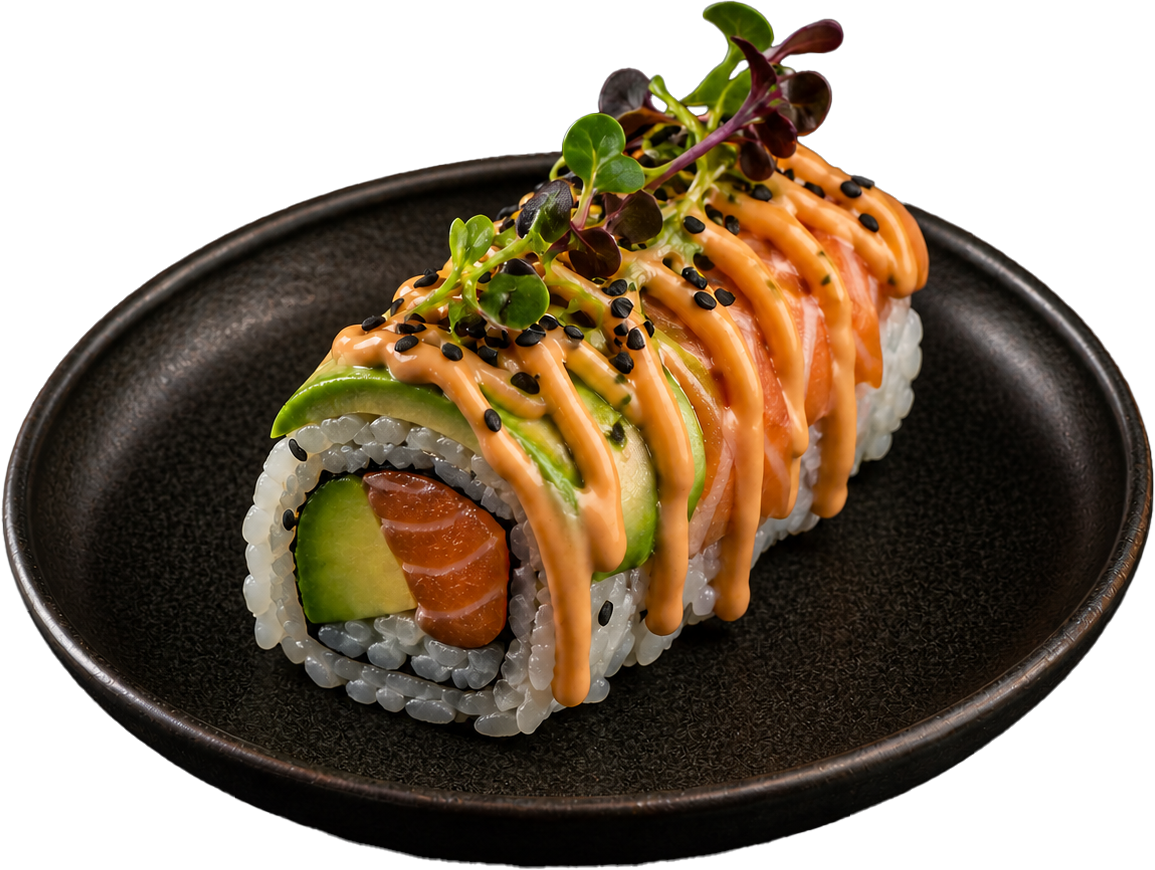 Dragon roll au saumon avocat, makis signature RAKU buffet japonais