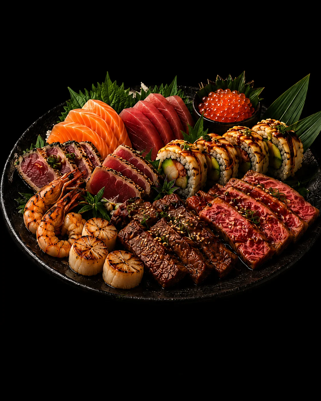 Sashimi premium, tataki de thon, bœuf yakiniku, wagyu mariné et crevettes sur pierre noire