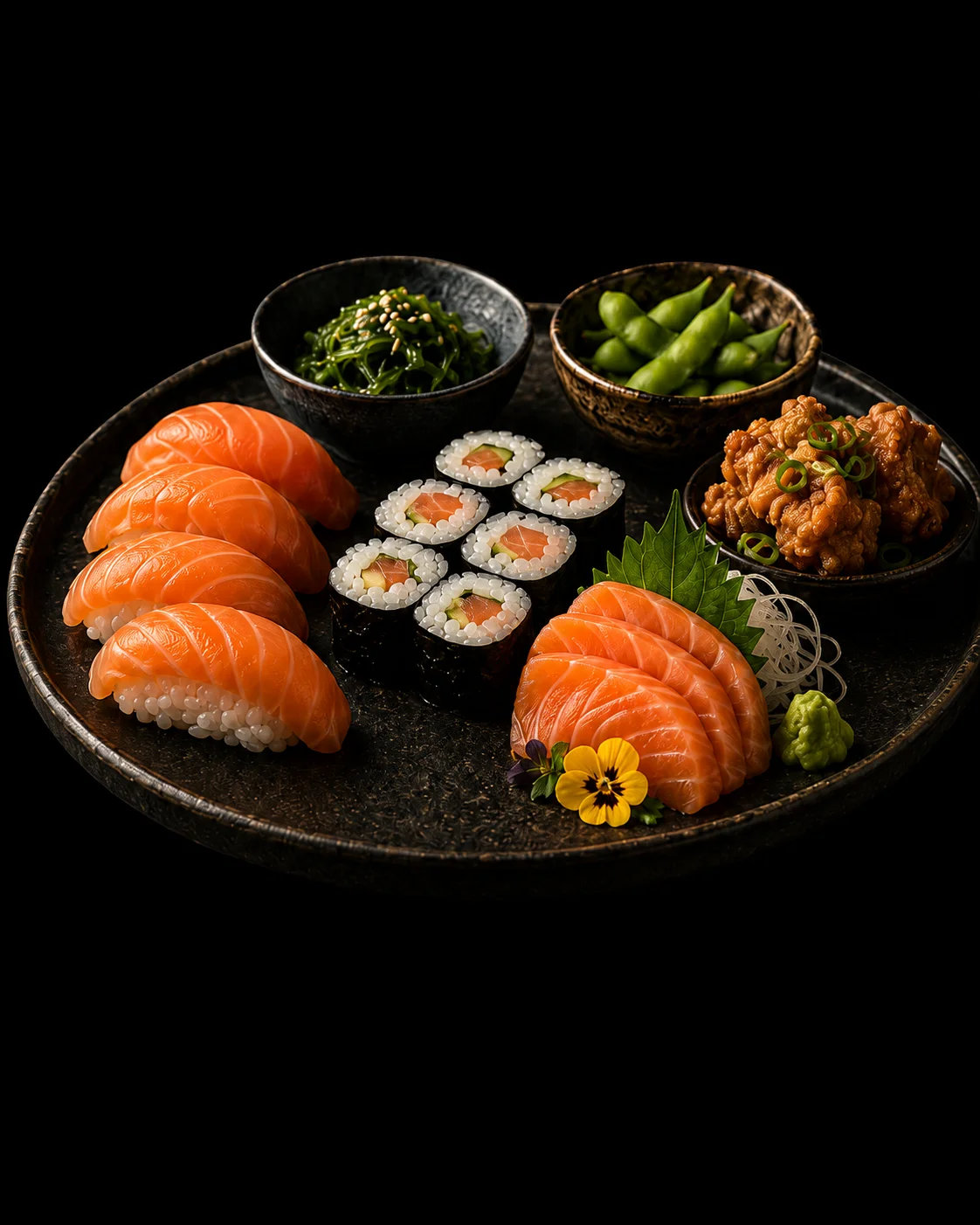 Assortiment de sushi saumon, maki et petits plats japonais sur fond noir, style premium