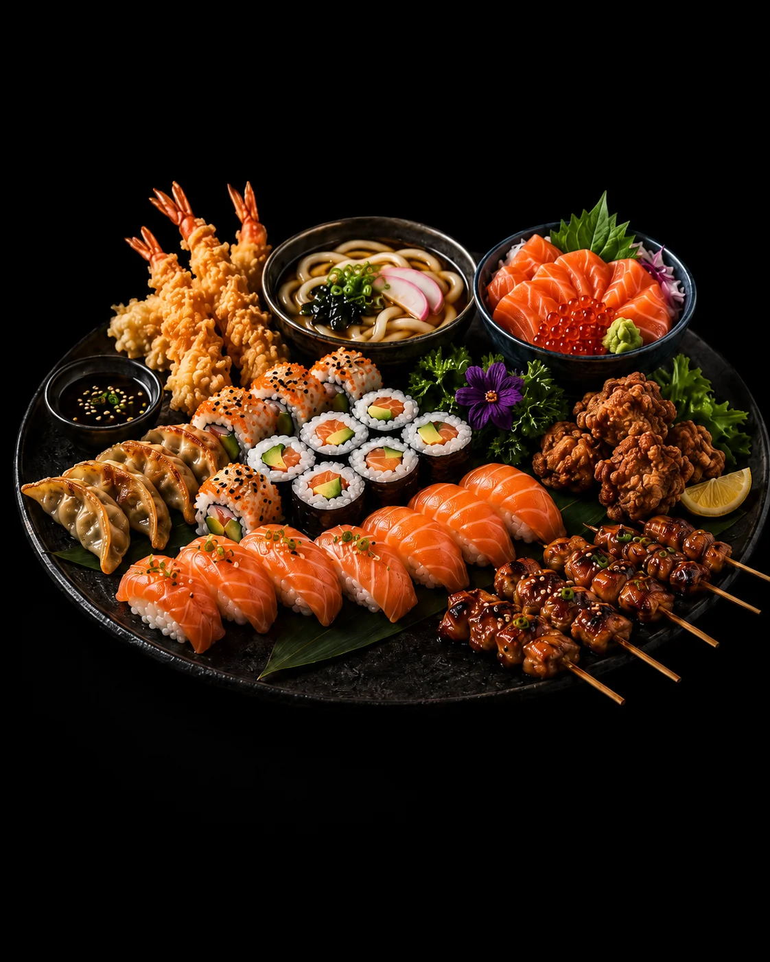 Grand assortiment de sushi, maki, sashimi, gyoza et tempura sur plateau noir